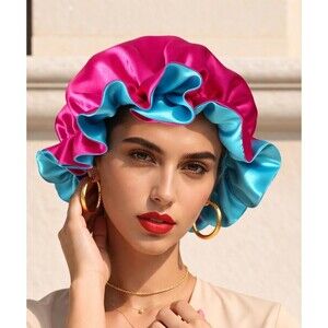 Reversible Satin Sleep Bonnet Hat – Blue & Pink – Extra Large, Elastic Fit